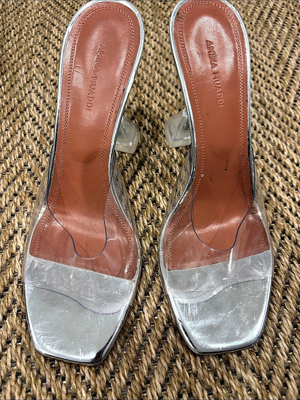 Amina Muaddi Gilda Clear Mule Silver Heels